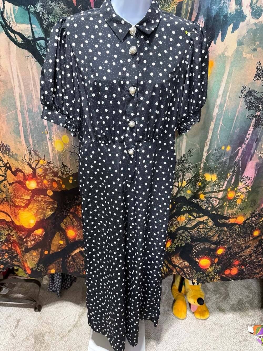 River Island Black White Polka Dot Jumpsuit Pearl Buttons Vintage Style large